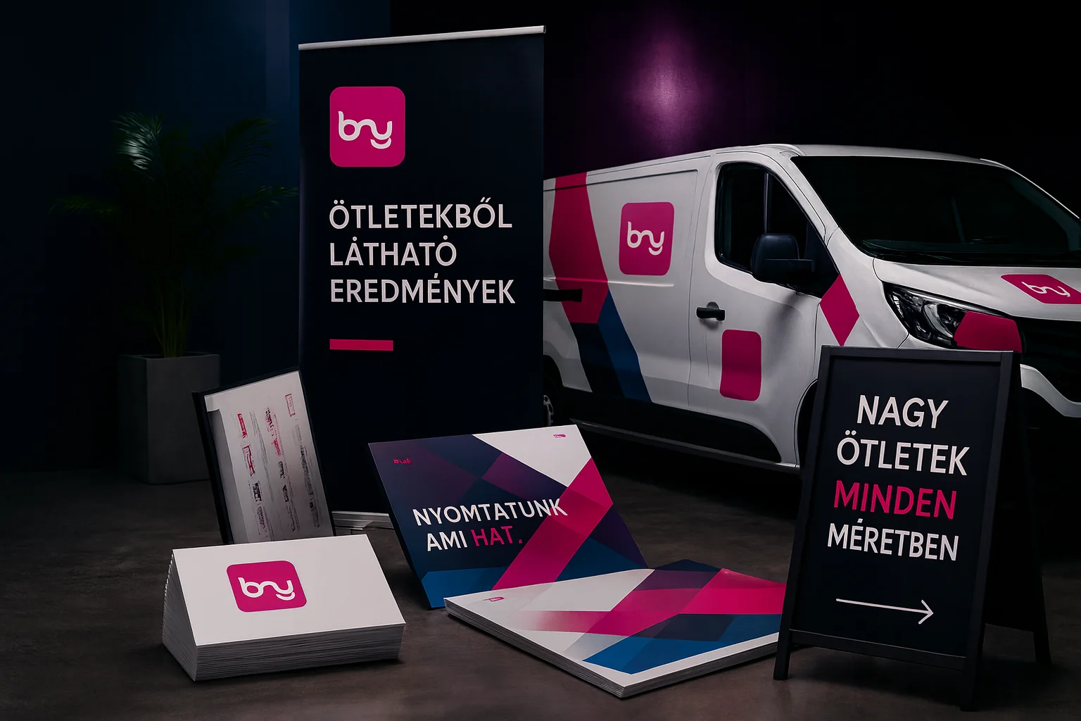 Balaton Nyomda roll-up, dekorált kisbusz, szórólapok, névjegykártyák és táblás állvány